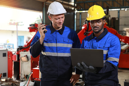Professional heavy industry technician engineer maintenance and check part of robot arm machine in intelligent factory with computer and walkie talkie. Industrial and technology support system conceptの写真素材