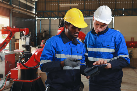 Professional heavy industry technician engineer maintenance and check part of robot arm machine in intelligent factory with computer and walkie talkie. Industrial and technology support system conceptの写真素材