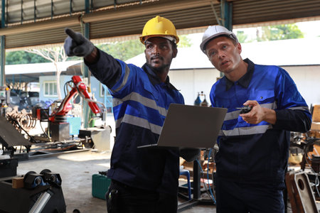Professional heavy industry technician engineer maintenance and check part of robot arm machine in...