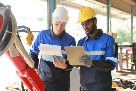 Professional heavy industry technician engineer in safety workwear maintenance and check part of robot arm machine in intelligent factory automotive. Industrial and technology support system conceptの写真素材