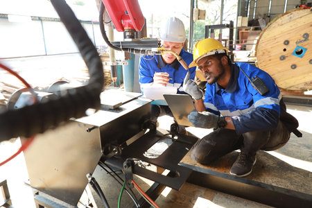 Professional heavy industry technician engineer in safety workwear maintenance and check part of robot arm machine in intelligent factory automotive. Industrial and technology support system conceptの写真素材
