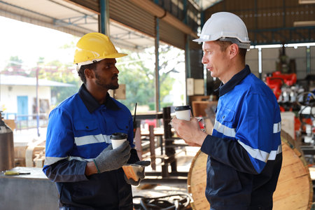 Happy teamwork technician engineer in safety workwear having lunch and eating sandwich and coffee at industry manufacturing factoryの写真素材