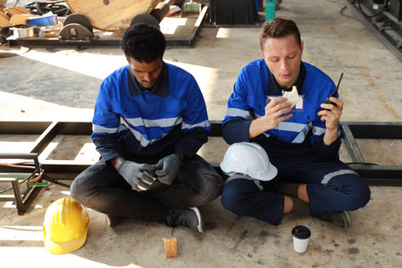 Happy teamwork technician engineer in safety workwear having lunch and eating sandwich and coffee at industry manufacturing factoryの写真素材