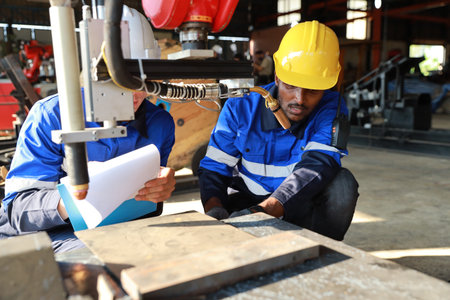 Professional heavy industry technician engineer in safety workwear maintenance and check part of robot arm machine in intelligent factory automotive. Industrial and technology support system conceptの写真素材