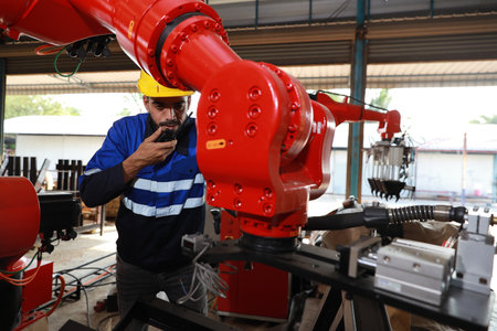 Professional heavy industry technician engineer in safety workwear and businessman maintenance and check part of robot arm machine with tablet in factory automotive. Industrial and technology conceptの写真素材