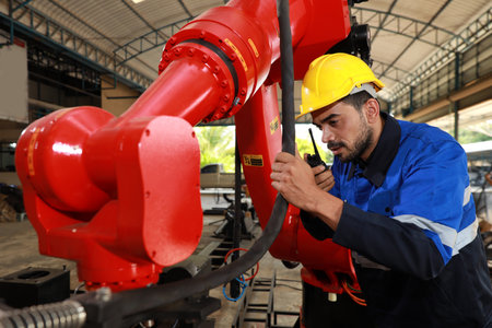 Professional heavy industry technician engineer in safety workwear and businessman maintenance and check part of robot arm machine with tablet in factory automotive. Industrial and technology conceptの写真素材