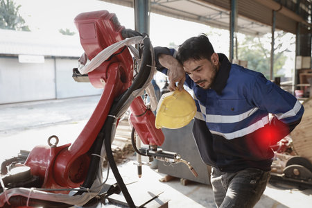 Technician engineer worker man in safety uniform suffering from backache or having problem with body from work accident at industrial robotic factory. First aid, healthy or insurance at work conceptの写真素材