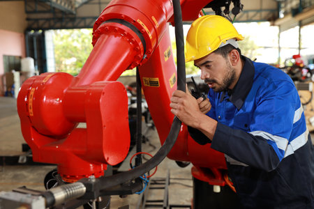 Professional heavy industry technician engineer in safety workwear and businessman maintenance and check part of robot arm machine with tablet in factory automotive. Industrial and technology conceptの写真素材