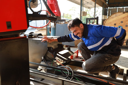 Technician engineer worker man in safety uniform suffering from backache or having problem with body from work accident at industrial robotic factory. First aid, healthy or insurance at work conceptの写真素材