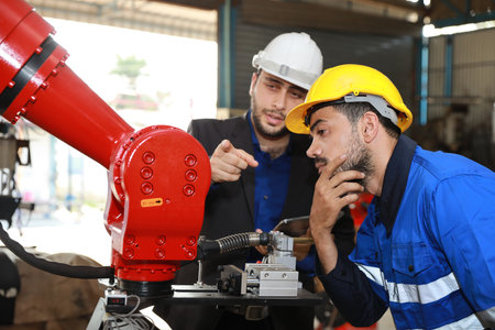 Professional heavy industry technician engineer in safety workwear and businessman maintenance and check part of robot arm machine with tablet in factory automotive. Industrial and technology conceptの写真素材
