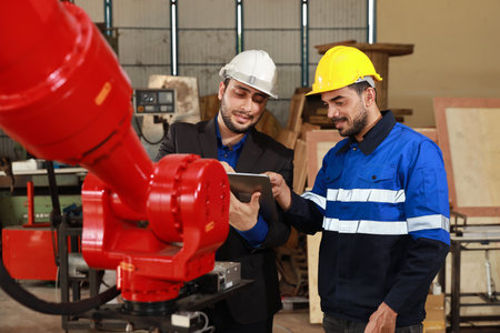Professional heavy industry technician engineer in safety workwear and businessman maintenance and check part of robot arm machine with tablet in factory automotive. Industrial and technology conceptの写真素材