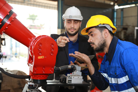 Professional heavy industry technician engineer in safety workwear and businessman maintenance and check part of robot arm machine with tablet in factory automotive. Industrial and technology conceptの写真素材