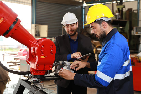 Professional heavy industry technician engineer in safety workwear and businessman maintenance and check part of robot arm machine with tablet in factory automotive. Industrial and technology conceptの写真素材