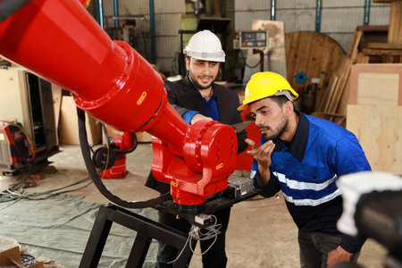 Professional heavy industry technician engineer in safety workwear and businessman maintenance and check part of robot arm machine with tablet in factory automotive. Industrial and technology conceptの写真素材