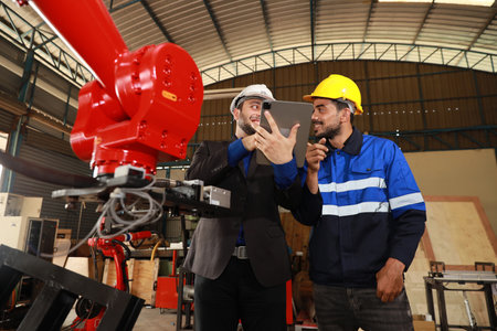 Professional heavy industry technician engineer in safety workwear and businessman maintenance and check part of robot arm machine with tablet in factory automotive. Industrial and technology conceptの写真素材