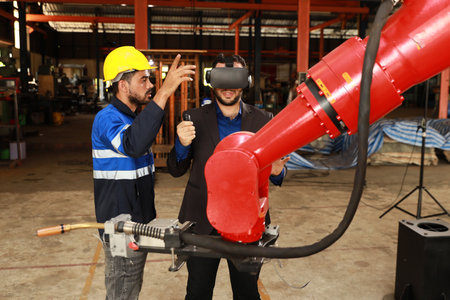 Professional heavy industry technician engineer with workwear and businessman maintenance and check part of robot arm machine with VR virtual in factory automotive. Industrial and technology conceptの写真素材