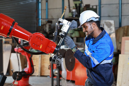 Professional heavy industry technician engineer in safety workwear maintenance and check part of robot arm machine in intelligent factory automotive. Industrial and technology support system conceptの写真素材