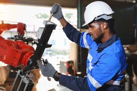 Professional heavy industry technician engineer in safety workwear maintenance and check part of robot arm machine in intelligent factory automotive. Industrial and technology support system conceptの写真素材