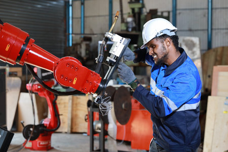 Professional heavy industry technician engineer in safety workwear and businessman maintenance and check part of robot arm machine with tablet in factory automotive. Industrial and technology conceptの写真素材