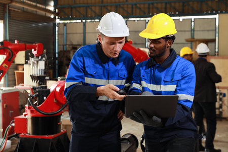 Professional heavy industry technician engineer maintenance and check part of robot arm machine in intelligent factory with computer and walkie talkie. Industrial and technology support system conceptの写真素材