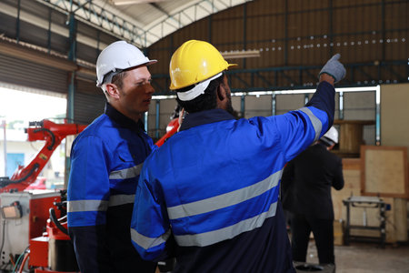 Industry technician engineer maintenance and check part of robot arm machine in intelligent factory with computer and walkie talkie while pointing. Industrial and technology support system conceptの写真素材