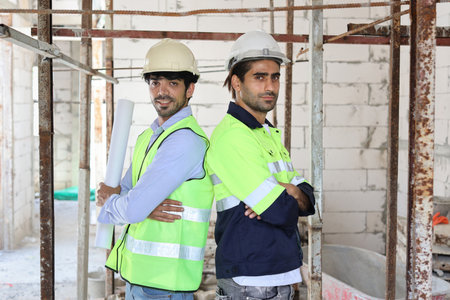 Two  technician civil engineer or specialist inspector standing and crossed arms while looking at camera with happy face after project complete at Industrial building site. Construction conceptの写真素材