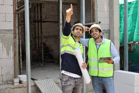 Two technician civil engineer or specialist inspector pointing, discussing and plan work with laptop, blueprint and walkie talkie radio together with at Industrial building site. Construction conceptの写真素材