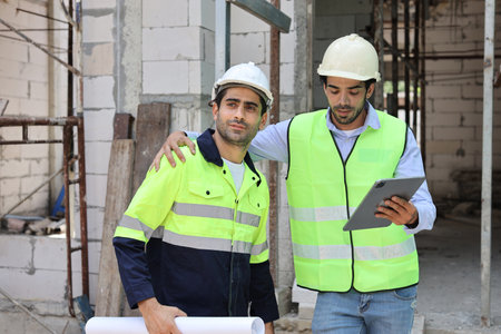 Two technician civil engineer or specialist inspector discussing, brainstorm and planing work with tablet, blueprint and walkie talkie radio together at Industrial building site. Construction conceptの写真素材