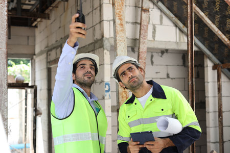 Two technician civil engineer or specialist inspector pointing, discussing and plan work with laptop, blueprint and walkie talkie radio together with at Industrial building site. Construction conceptの写真素材