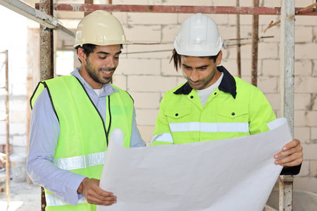 Two technician civil engineer or specialist inspector discussing, brainstorm and planing work with laptop, blueprint and walkie talkie radio together at Industrial building site. Construction conceptの写真素材