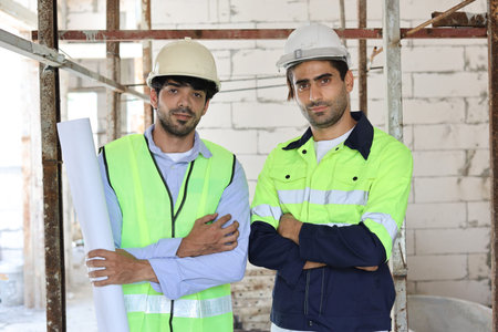 Two  technician civil engineer or specialist inspector standing and crossed arms while looking at...