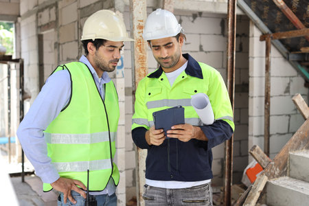 Two technician civil engineer or specialist inspector discussing, brainstorm and planing work with tablet, blueprint and walkie talkie radio together at Industrial building site. Construction conceptの写真素材
