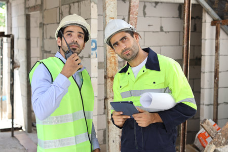 Two technician civil engineer or specialist inspector discussing, brainstorm and planing work with tablet, blueprint and walkie talkie radio together at Industrial building site. Construction conceptの写真素材
