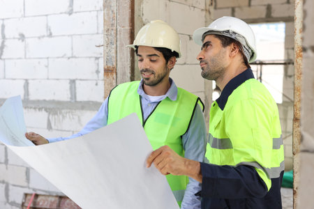 Two technician civil engineer or specialist inspector discussing, brainstorm and planing work with laptop, blueprint and walkie talkie radio together at Industrial building site. Construction conceptの写真素材