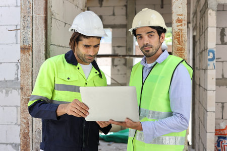 Two technician civil engineer or specialist inspector discussing, brainstorm and planing work with laptop, blueprint and walkie talkie radio together at Industrial building site. Construction conceptの写真素材