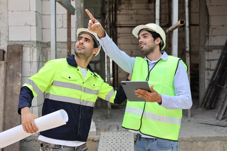 Two technician civil engineer or specialist inspector discussing, brainstorm and planing work with laptop, blueprint and walkie talkie radio together at Industrial building site. Construction conceptの写真素材