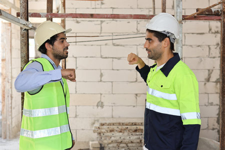 Two technician civil engineer or specialist inspector making fist bumping celebrate successful together completed deal commitment at Industrial building site. Construction conceptの写真素材
