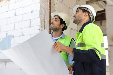 Two technician civil engineer or specialist inspector discussing, brainstorm and planing work with laptop, blueprint and walkie talkie radio together at Industrial building site. Construction conceptの写真素材