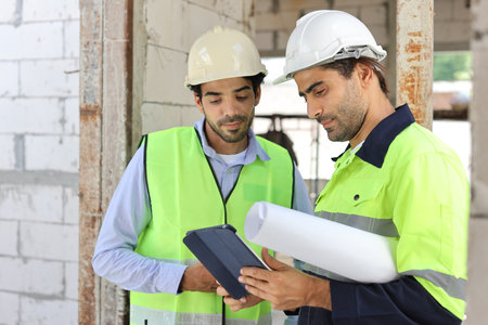 Two technician civil engineer or specialist inspector discussing, brainstorm and planing work with tablet, blueprint and walkie talkie radio together at Industrial building site. Construction conceptの写真素材
