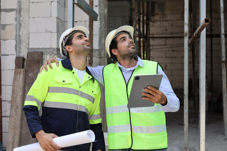 Two technician civil engineer or specialist inspector discussing, brainstorm and planing work with laptop, blueprint and walkie talkie radio together at Industrial building site. Construction conceptの写真素材