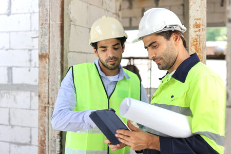 Two technician civil engineer or specialist inspector discussing, brainstorm and planing work with tablet, blueprint and walkie talkie radio together at Industrial building site. Construction conceptの写真素材