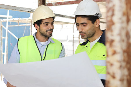 Two technician civil engineer or specialist inspector discussing, brainstorm and planing work with laptop, blueprint and walkie talkie radio together at Industrial building site. Construction conceptの写真素材