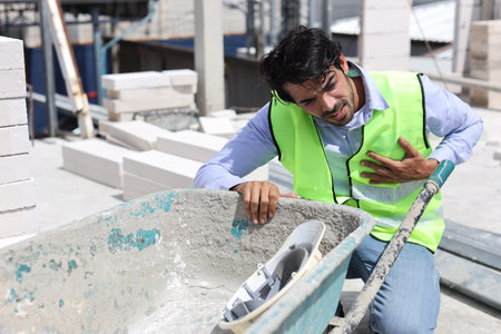 Young technician engineer or worker man in safety uniform suffering from chest pain or heart attack from accident at Industrial building site. First aid, healthy or insurance at construction conceptの写真素材