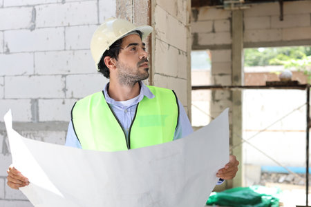 Technician civil engineer or specialist inspector discussing, brainstorm and planing real estate project work with smart mobile phone and blueprint at Industrial building site. Construction conceptの写真素材