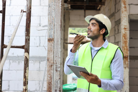 Technician civil engineer or specialist inspector discussing, brainstorm and planing real estate project work with smart mobile phone and tablet at Industrial building site. Construction conceptの写真素材