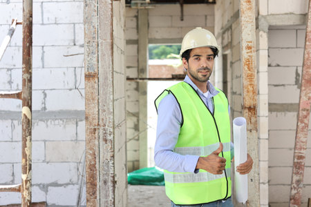 Technician civil engineer or specialist inspector showing thumb up while holding blueprint and look at camera with happy face after project complete at Industrial building site. Construction conceptの写真素材