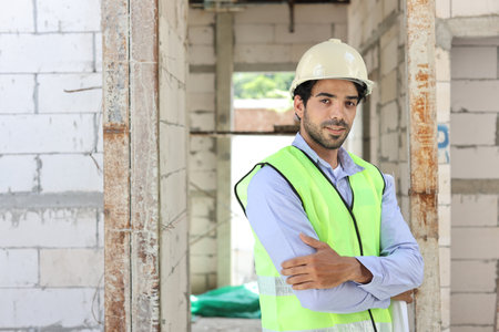 Caucasian technician civil engineer or specialist inspector standing and crossed arms while looking at camera with happy face after project complete at Industrial building site. Construction conceptの写真素材