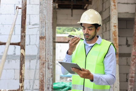 Technician civil engineer or specialist inspector discussing, brainstorm and planing real estate project work with smart mobile phone and tablet at Industrial building site. Construction conceptの写真素材