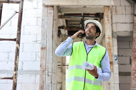 Technician civil engineer or specialist inspector discussing, brainstorm and planing real estate project work with smart mobile phone and blueprint at Industrial building site. Construction conceptの写真素材