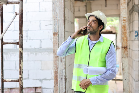 Technician civil engineer or specialist inspector discussing, brainstorm and planing real estate project work with smart mobile phone and tablet at Industrial building site. Construction conceptの写真素材
